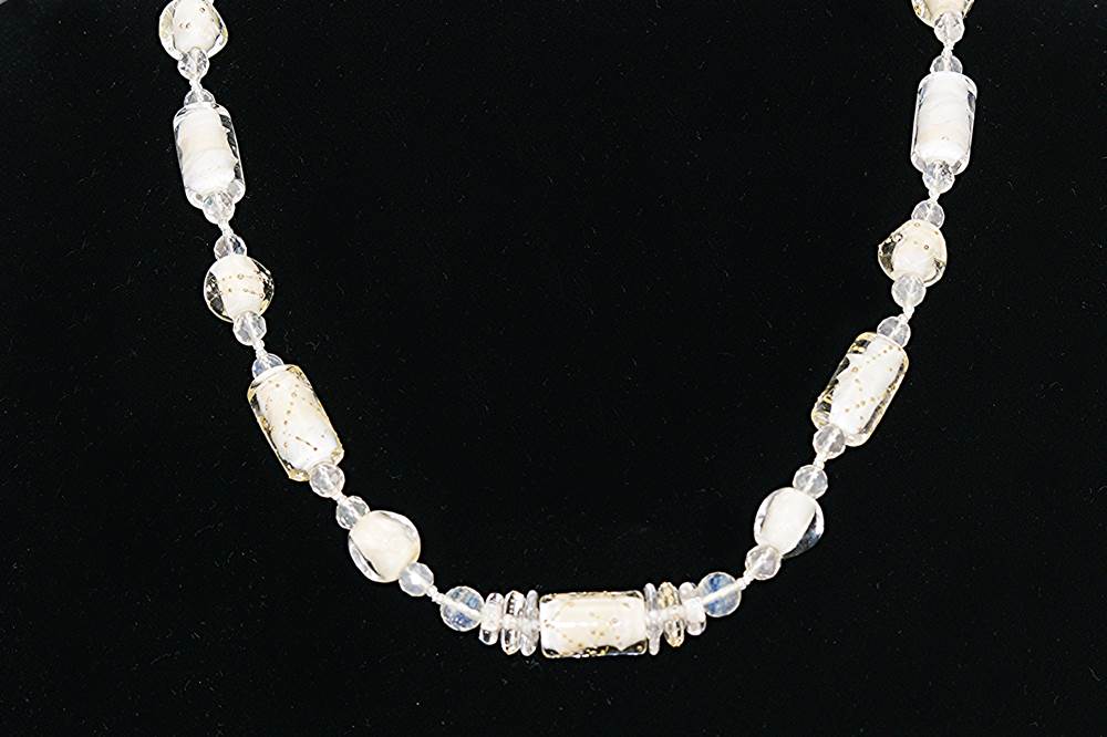 White and beige glass bead necklace with citrine faceted stones.