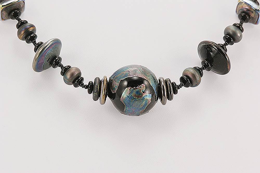 necklace black iridescent glass beads raku finishes