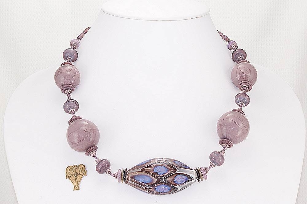 Plum purple hand blown glass bead necklace.