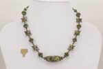 Handmade moss agate and olive green glass beaded necklace.