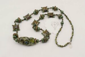 Moss agate and olive green glass beaded necklace.