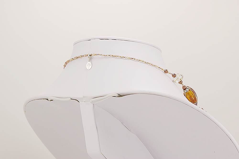 opalescent glass bead necklace with rose gold, sterling silver and lavender accents.