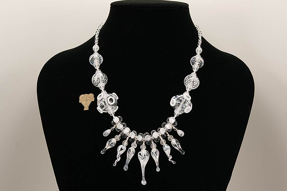 White and clear beaded necklace with Labradorite and sterling silver.