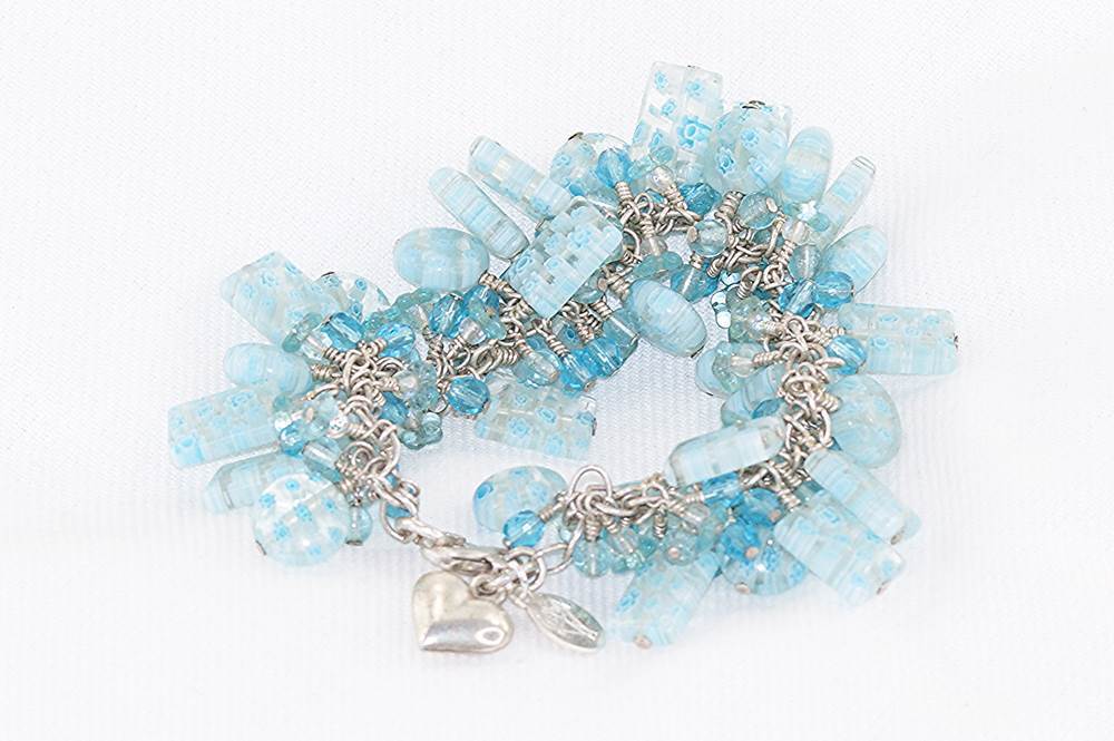 Millefiori, Murano, blue glass and sterling silver bracelet.