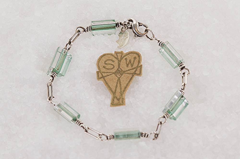 Ceylon green, triangular glass bead bracelet with sterling silver.