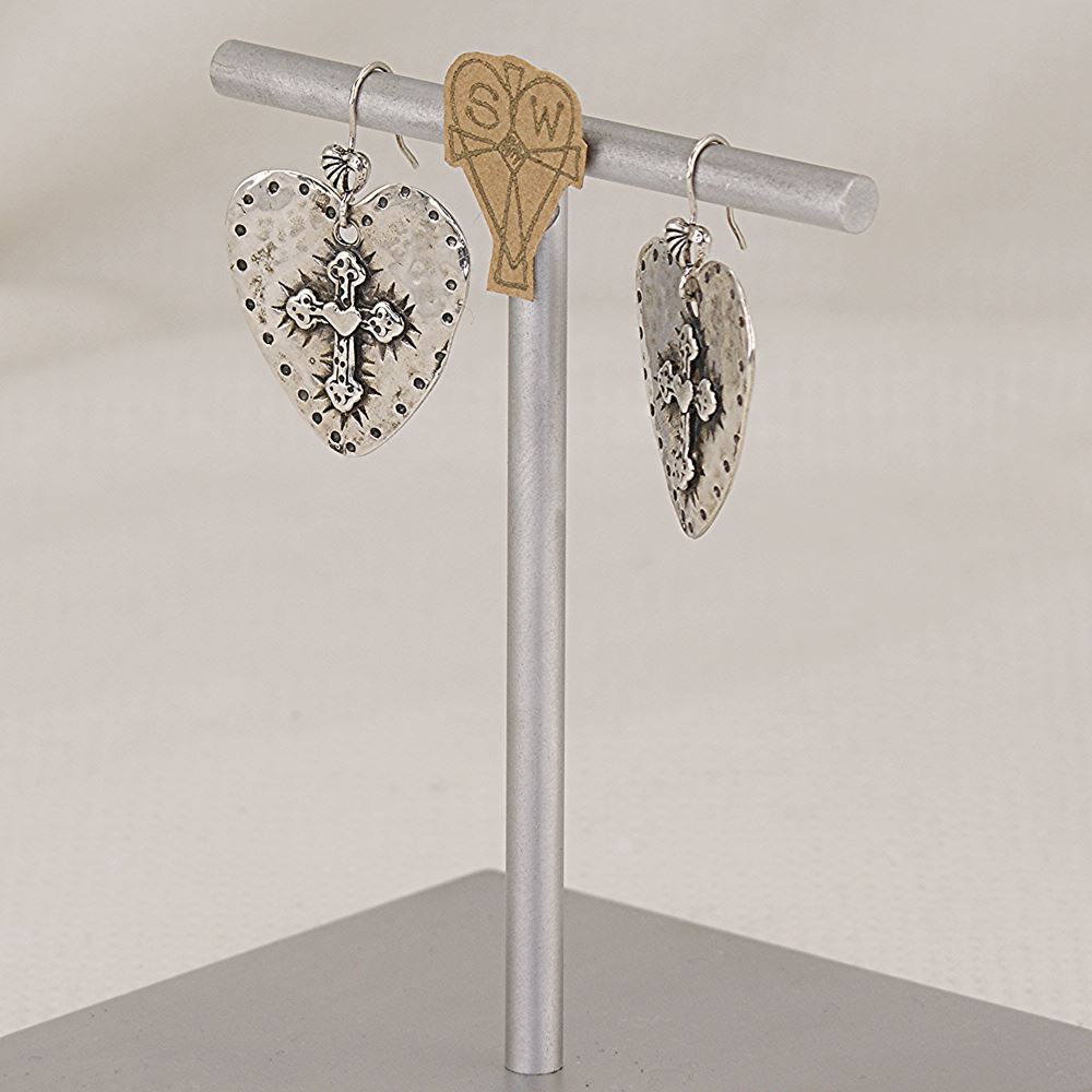 Handmade, western style, sterling silver heart with cross earrings.