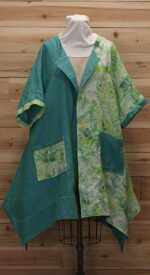 Turquoise blue and spring green linen cloak with 2 large front pockets.