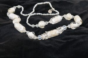 White and beige glass bead necklace with sterling silver accents