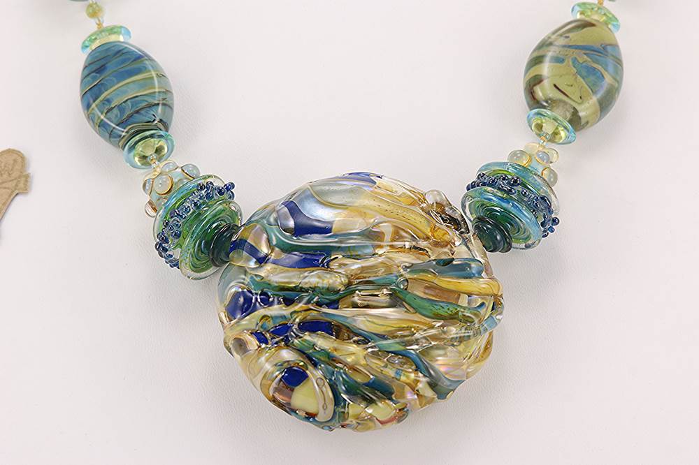 necklace with blue turquoise and beige glass beads