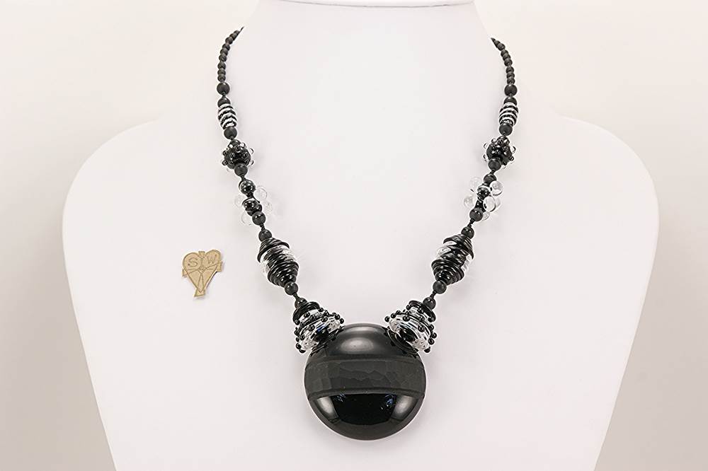 necklace handmade deep black and clear glass beads