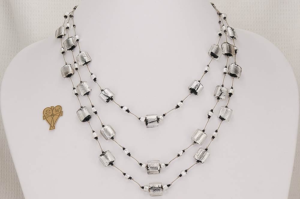 One of a kind, sterling silver, black and clear glass bead necklace.