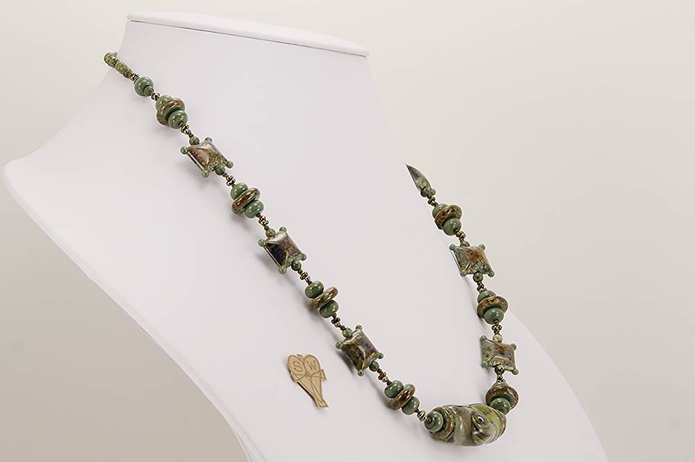 Olive green glass bead necklace with moss agate stone beads.