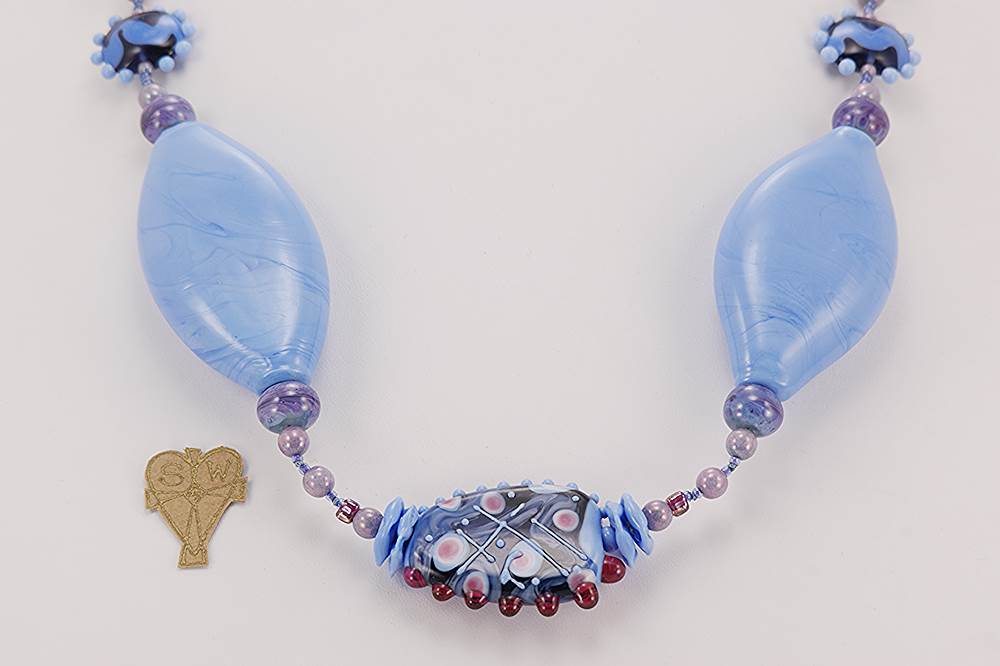 periwinkle and iridescent purple glass bead necklace.