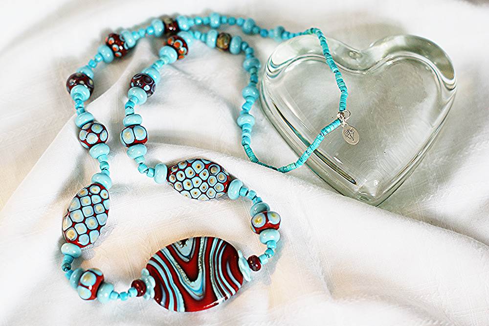Red and turquoise beaded necklace.