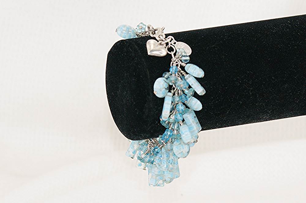Turquoise and light blue, millefiori, murano, glass and sterling silver bracelet.