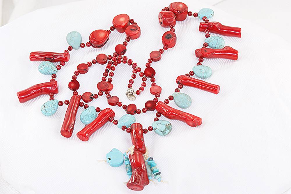 Natural red bamboo coral and turquoise necklace.
