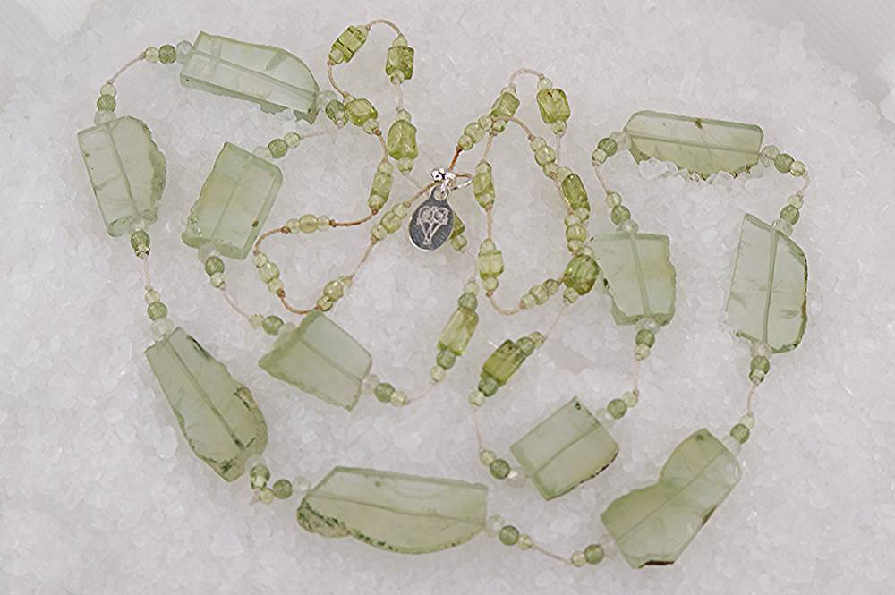 Necklace made of raw chrysolite slabs and peridot.