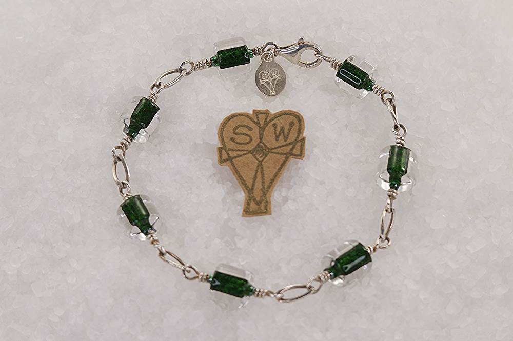Emerald green glass bracelet with sterling silver.