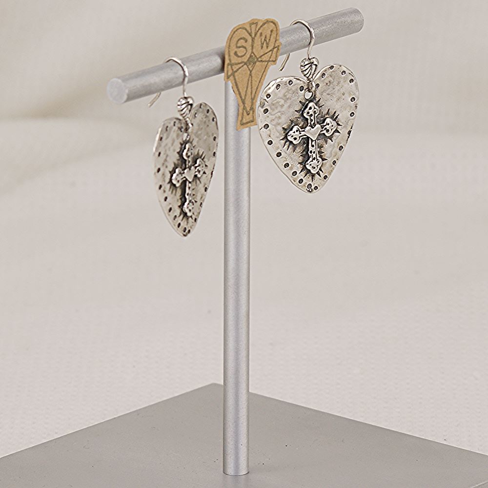 Sterling silver, western heart with cross earrings.