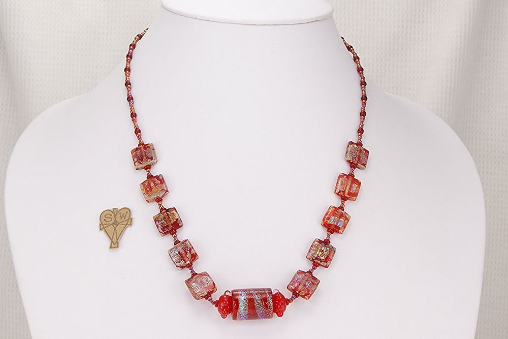 Unique red dichroic and Murano glass bead necklace.