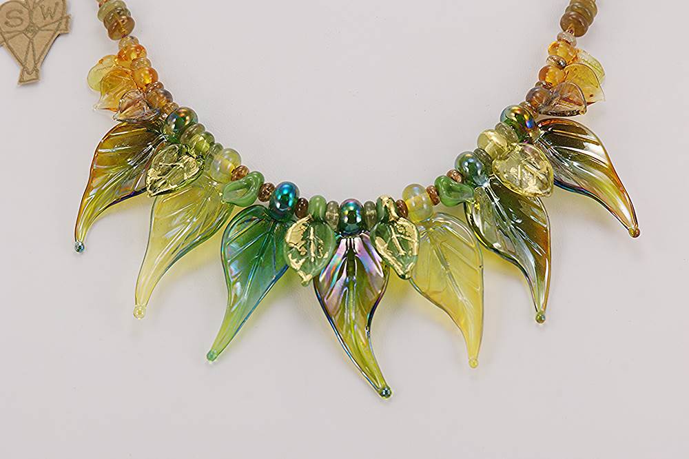 autumn color glass bead necklace with jade, agate, and rutilated gold quartz.