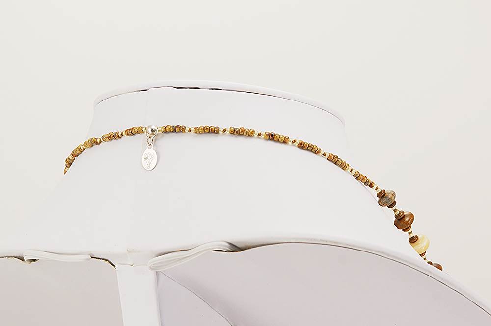 Handmade necklace with chestnut, ivory and teal color glass beads.