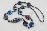 metallic blue and raspberry glass bead necklace