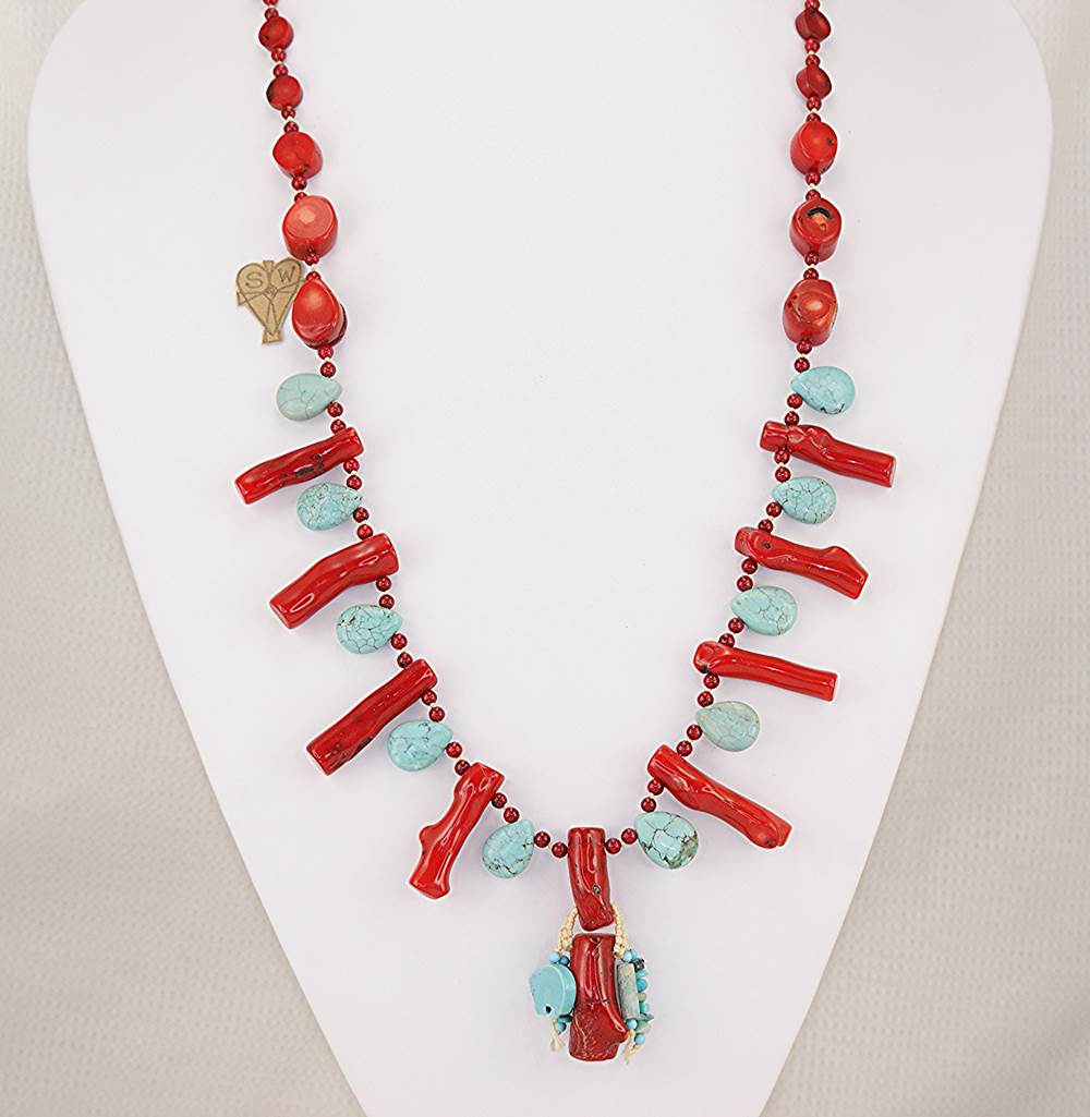 Turquoise and red bamboo coral hand made necklace