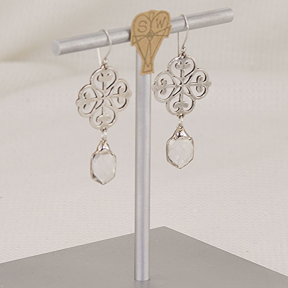 925 sterling silver quatrefoil earrings with quartz crystals.