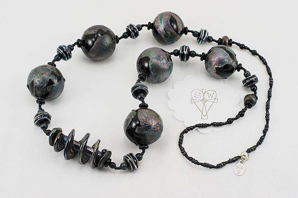 black glass bead necklace with sterling silver accents