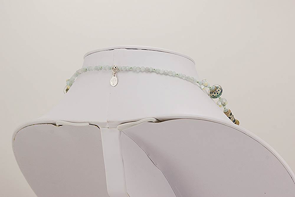 amazonite and sage colored glass bead necklace with sterling silver highlights