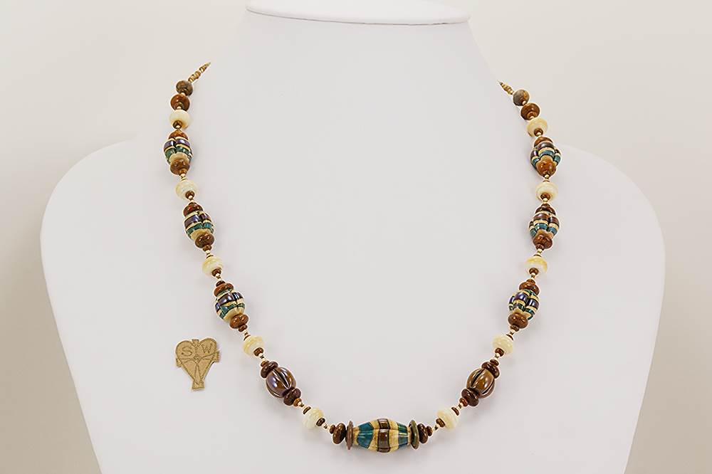 Chestnut, ivory and teal color glass bead necklace.