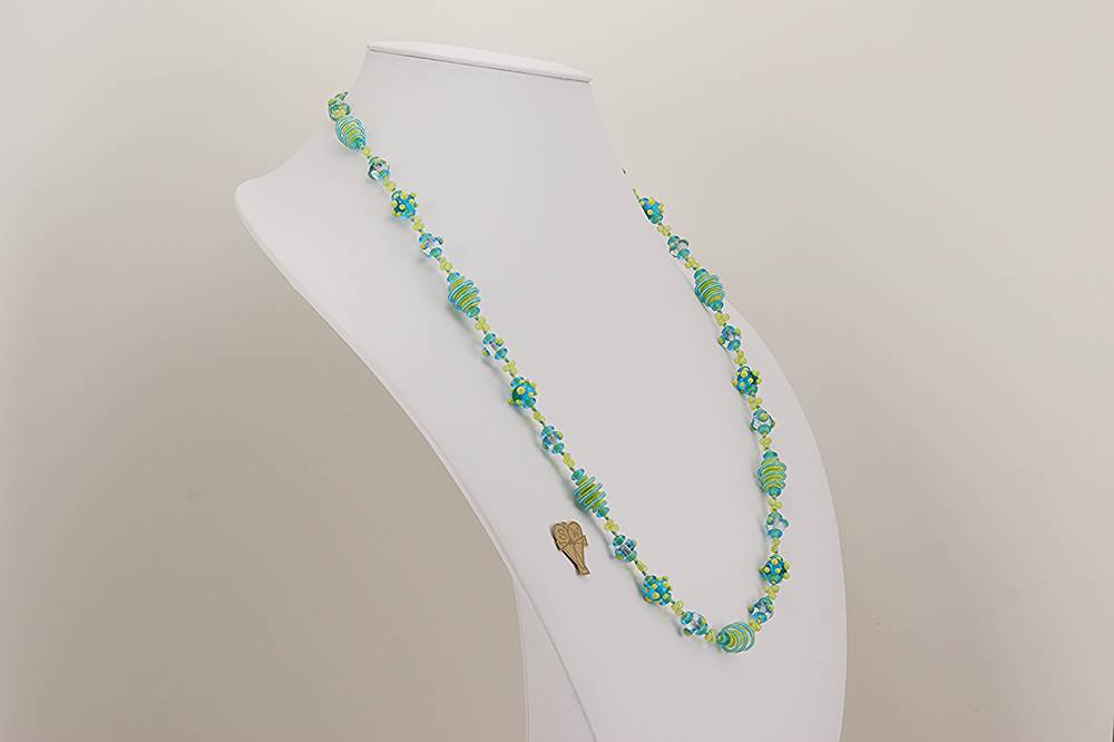 Handmade bright light green and turquoise glass bead necklace.