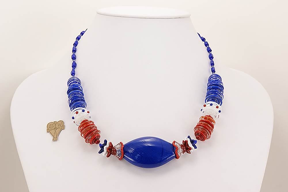 Patriotic, red, white and blue glass beaded necklace.