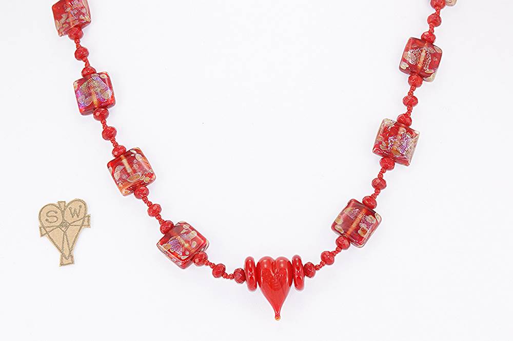 One of a kind, red Venetian glass bead necklace.