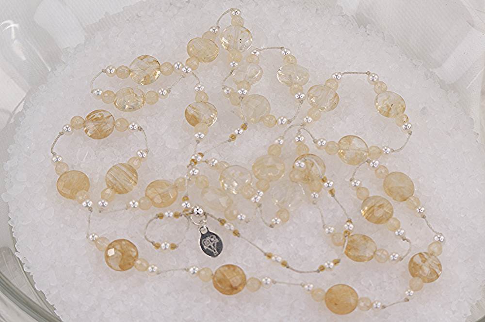 Rutilated quartz, pearl and camelian necklace
