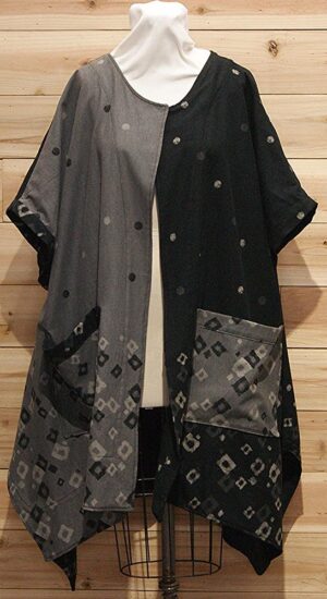 Warm gray and black Japanese linen cloak with 2 large front pockets.