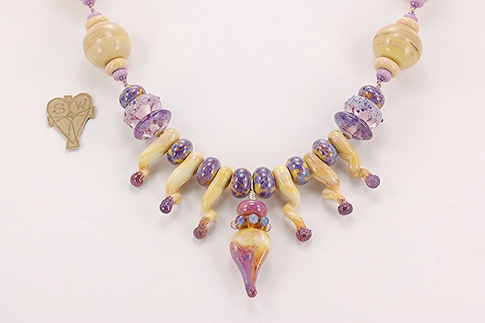 Lavender beige and pink glass bead necklace.