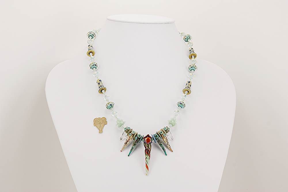 necklace made of amazonite and sage colored glass beads with sterling silver accents