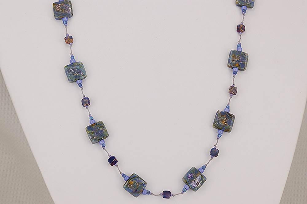 Purple, lavender and grey Murrono glass necklace with picture jasper beads.