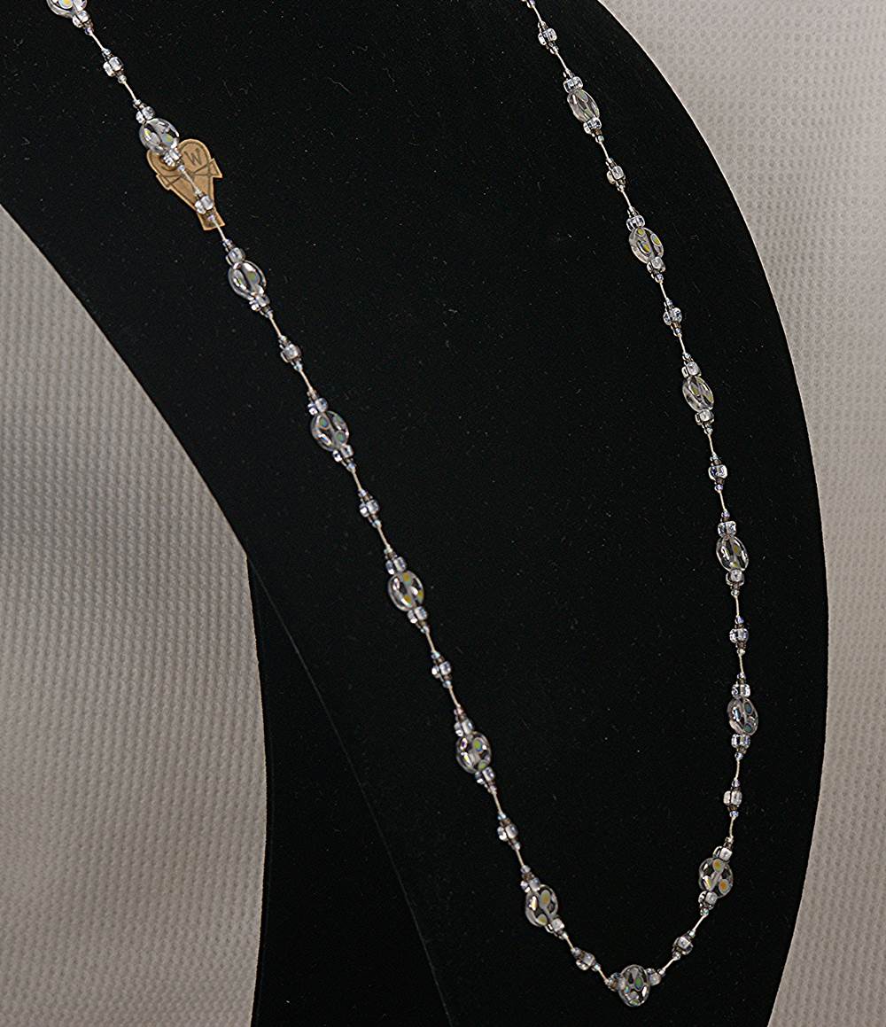 38 inch long necklace with silver glass beads.