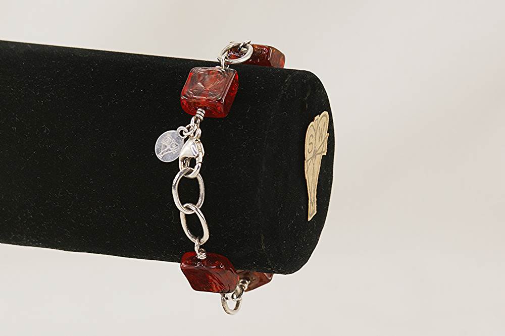 Venetian, dichroic copper glass beaded bracelet with sterling silver.