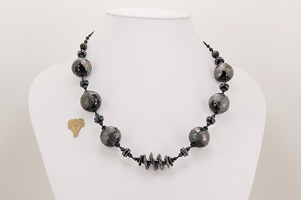 black grey glass silver necklace