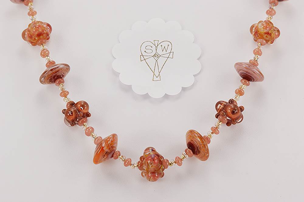 Watermelon tourmaline crystal and mauve glass bead necklace.