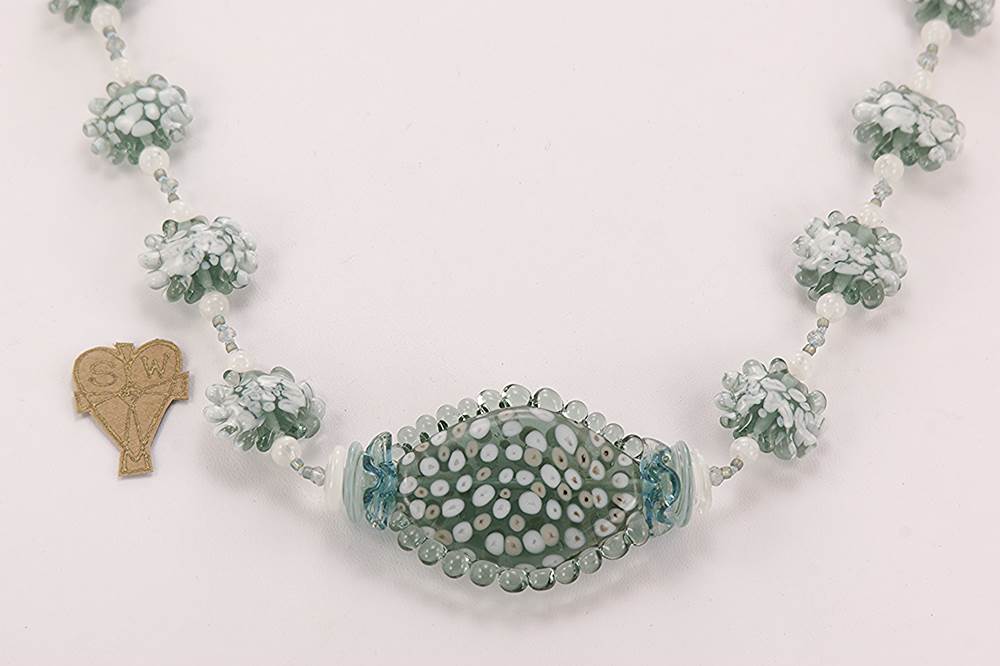 Handmade, white and grey glass beaded necklace, with moonstone beads