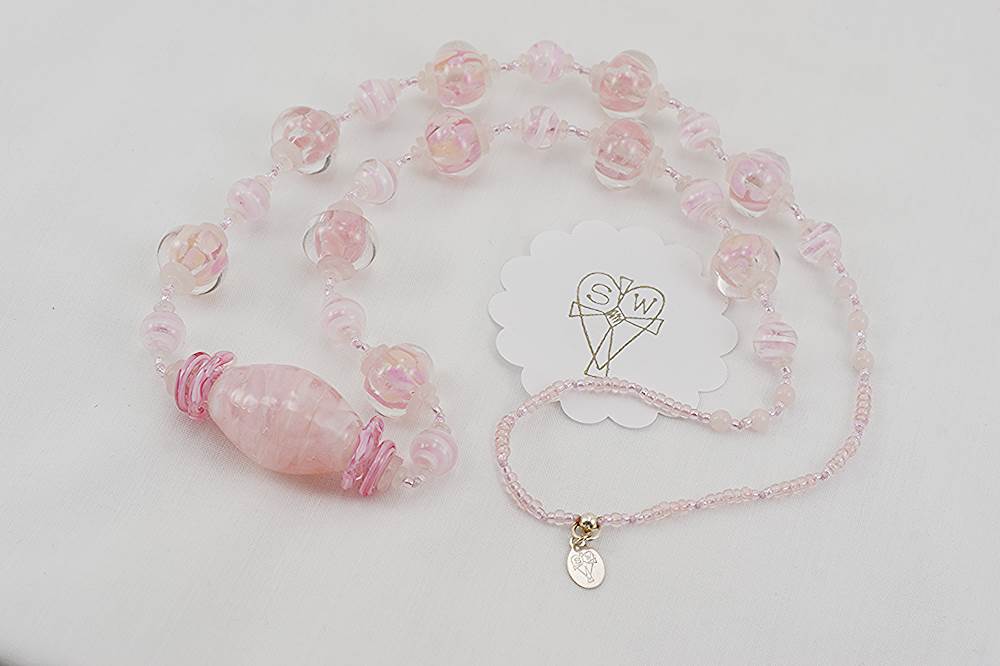 cotton candy pink glass beaded necklace with rose quartz
