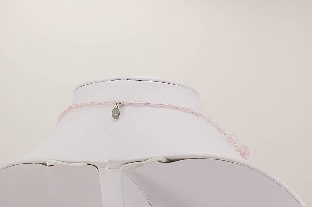 soft pink glass beaded necklace with rose quartz.