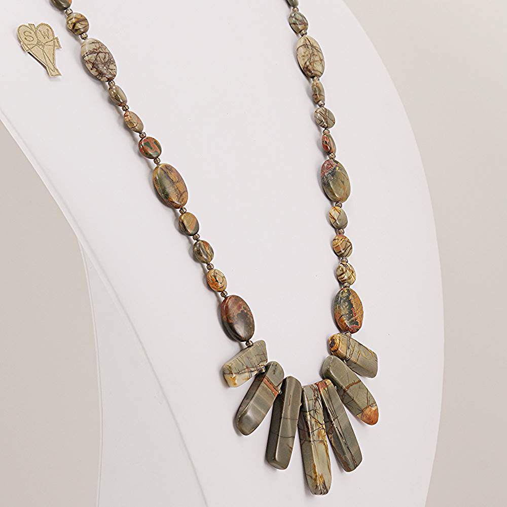 Necklace made with grey picture jasper semi precious stone.