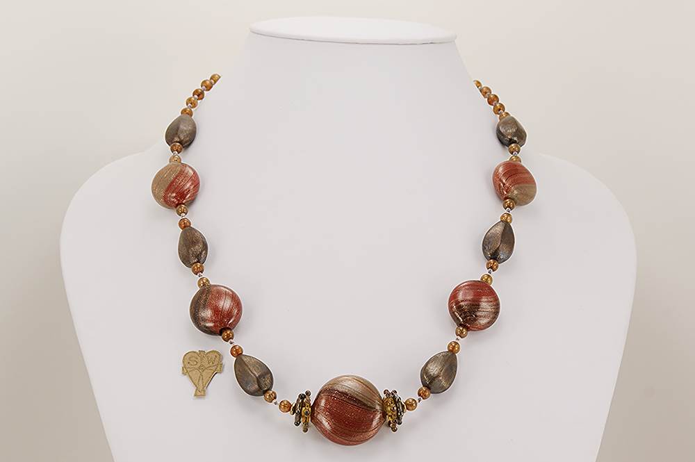 Rust red grey and black glass and bronze beaded necklace.