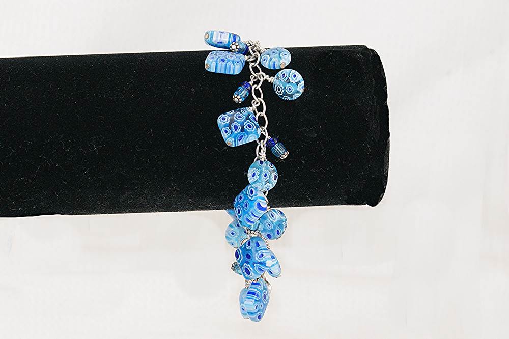 Light and royal blue Italian millefiori glass bead bracelet on silver chain